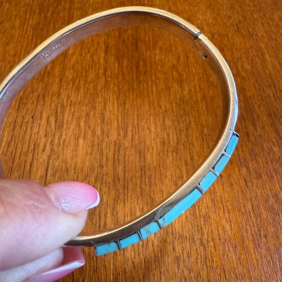 Blue Turquoise Southwestern Navajo Sterling Silver Inlay Bracelet - Picture 14 of 17